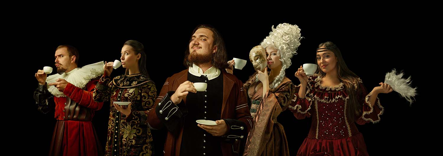 Image of a historic European party with people drinking coffee