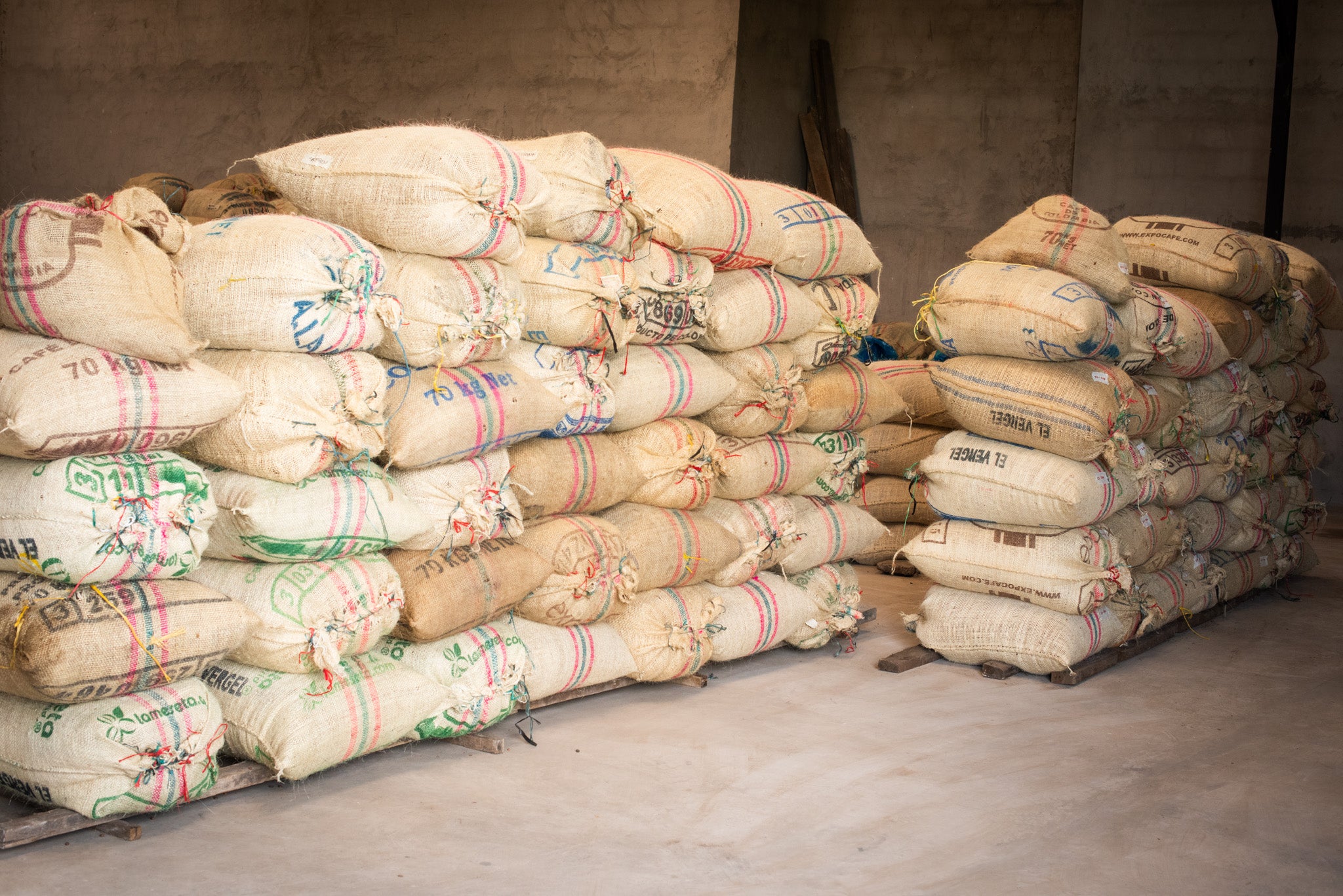 Bags of coffee beans at Forest coffee farm